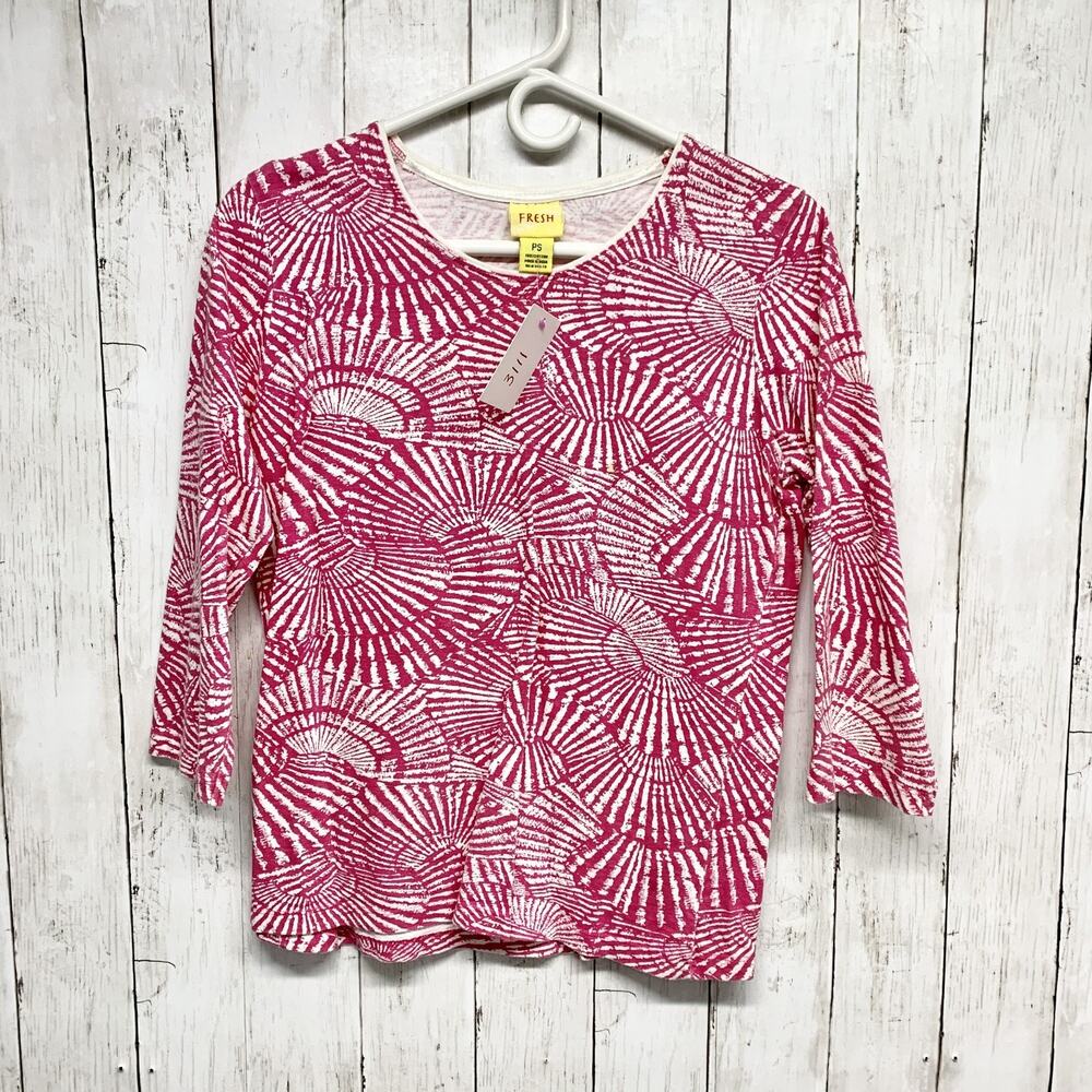 Vintage 90s‎ Fresh Shirt Women Petite PS Pink White Fan Print Shell Blouse Boho